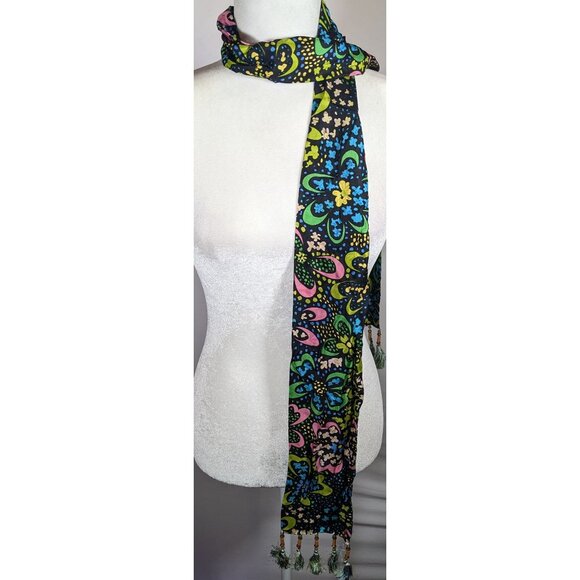 Talbots Retro Rainbow Floral Beaded Tassel Scarf - Picture 5 of 6